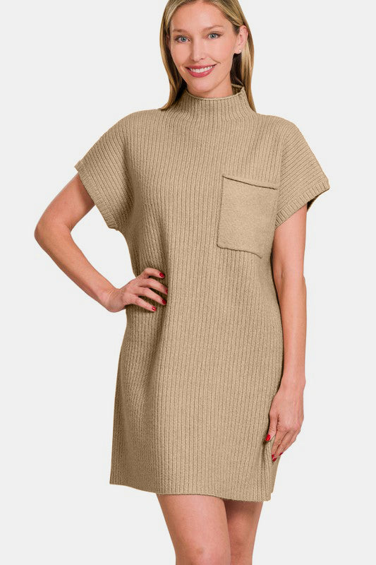 ZENANA Women's Camel Short Sleeve Sweater Mini Dress