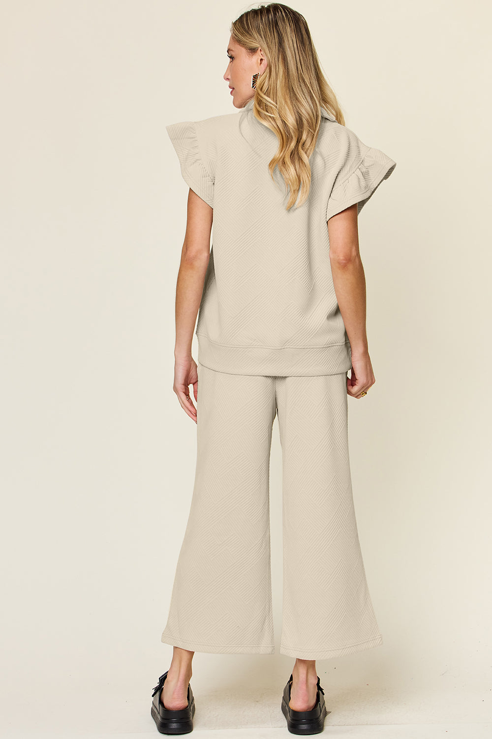 DOUBLE TAKE Texture Ruffle Short Sleeve Top and Drawstring Wide Leg Pants Set