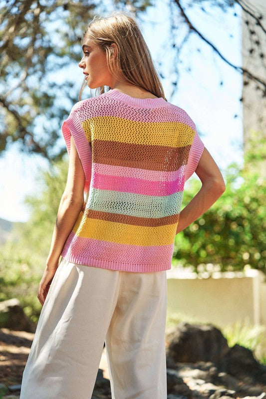 DAVI & DANI Crochet Multi Striped Pullover Knit Sweater Vest