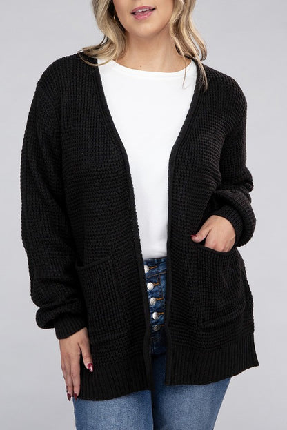 ZENANA Plus Low Gauge Waffle Open Cardigan Sweater