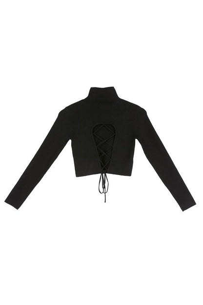 LILOU Black Long Sleeves Mock Neck Lace-up Open Back Top