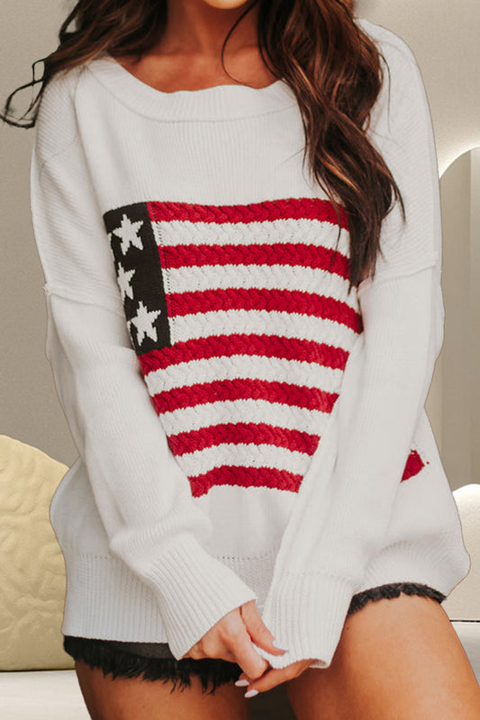 US Flag Round Neck Long Sleeve Knitted Sweater