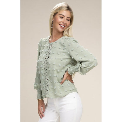 NUVI APPAREL Green Swiss Dot Contrast Lace Blouse