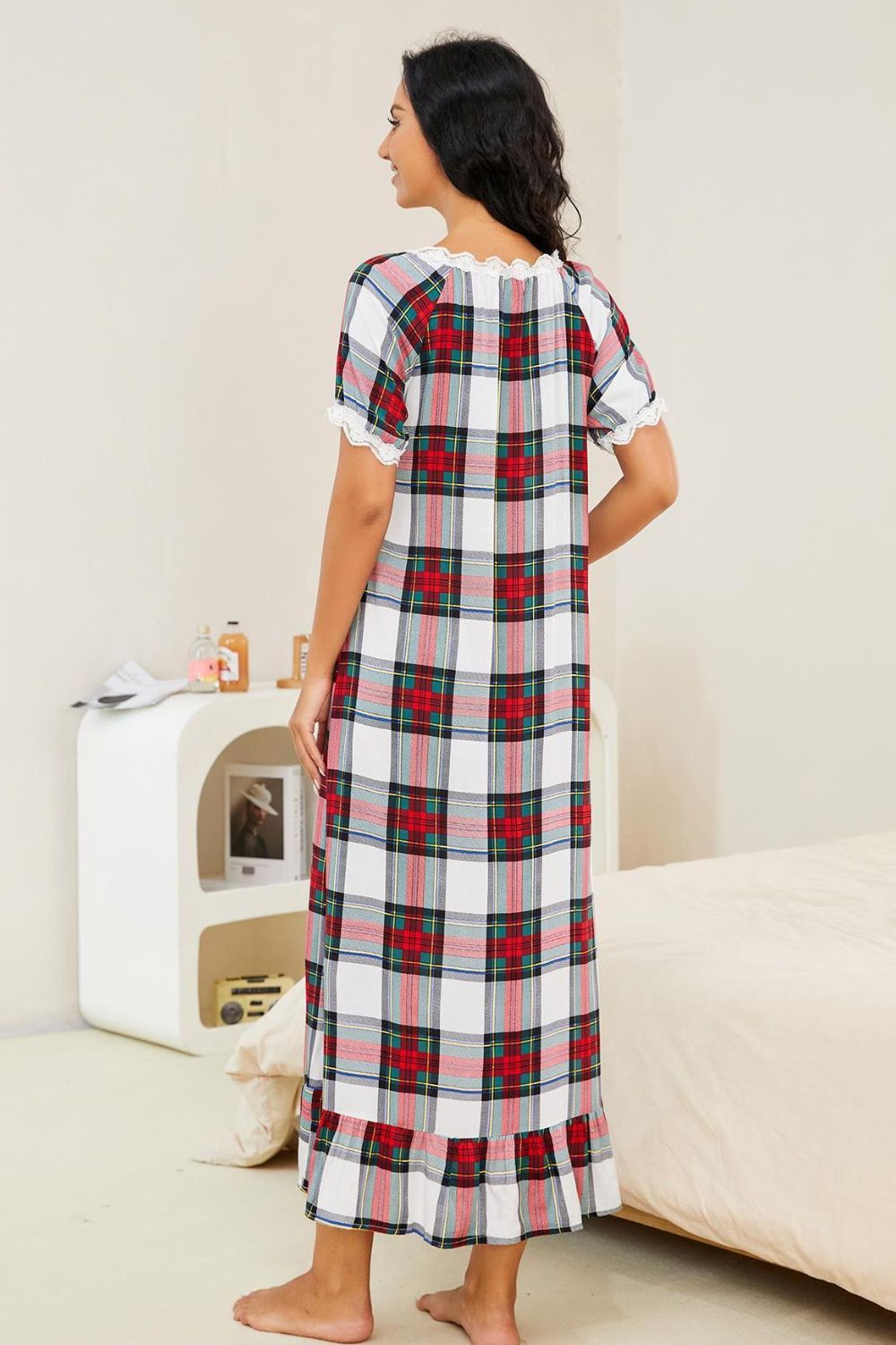 H2J Red Plaid Nightgown with Lace Trim Ruffle Hem