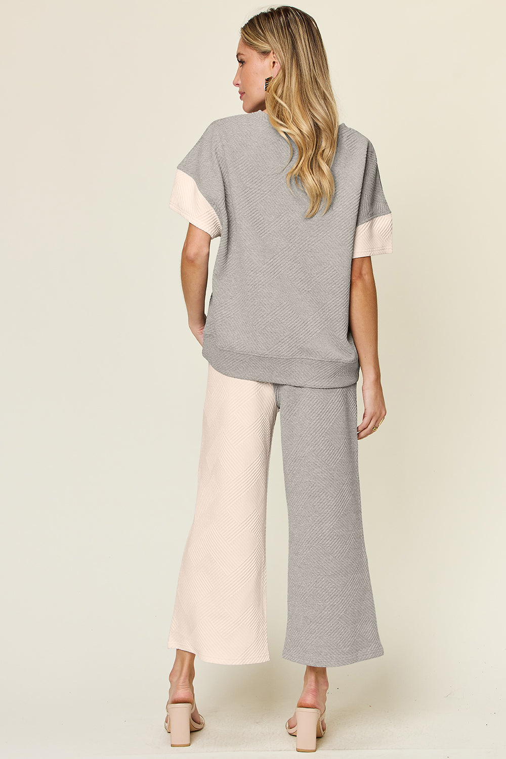 DOUBLE TAKE Full Size Texture Contrast T-Shirt and Wide Leg Pants Set