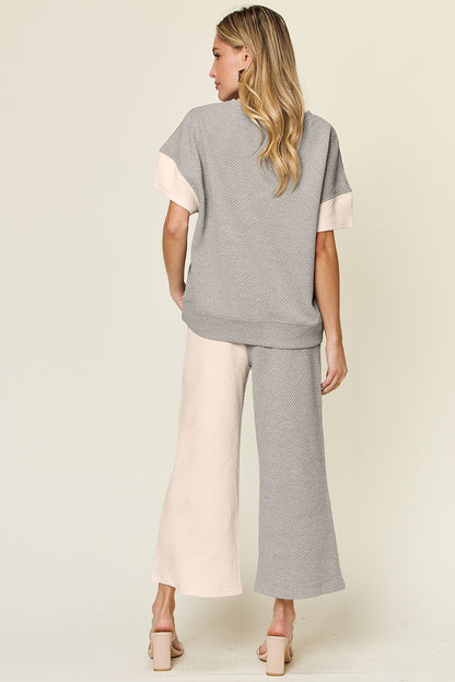 DOUBLE TAKE Full Size Texture Contrast T-Shirt and Wide Leg Pants Set