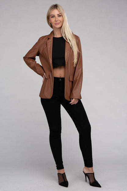 AMBIANCE APPAREL Sleek Pu Leather Blazer with Front Closure