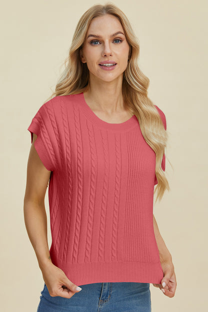 DOUBLE TAKE Full Size Cable-Knit Round Neck Short Sleeve Sweater