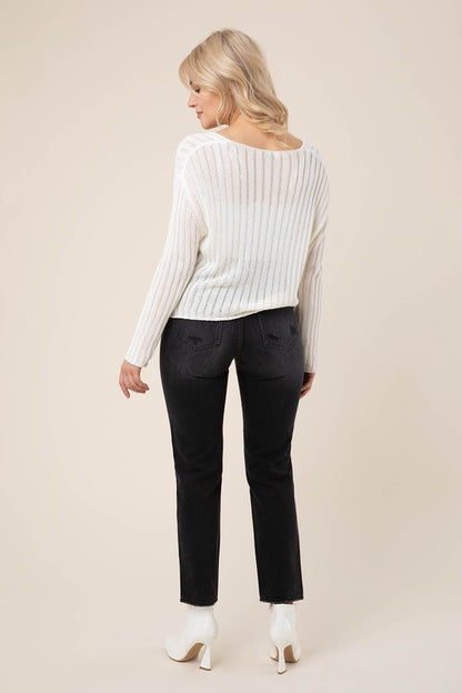 LILOU Ivory Variegated Rib V neck Sweater