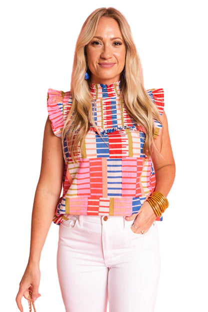 Multicolour Striped High Neck Flutter Tank Top