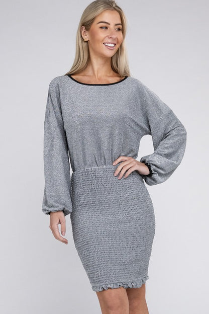 NUVI APPAREL Bishop Sleeve Metallic Dress