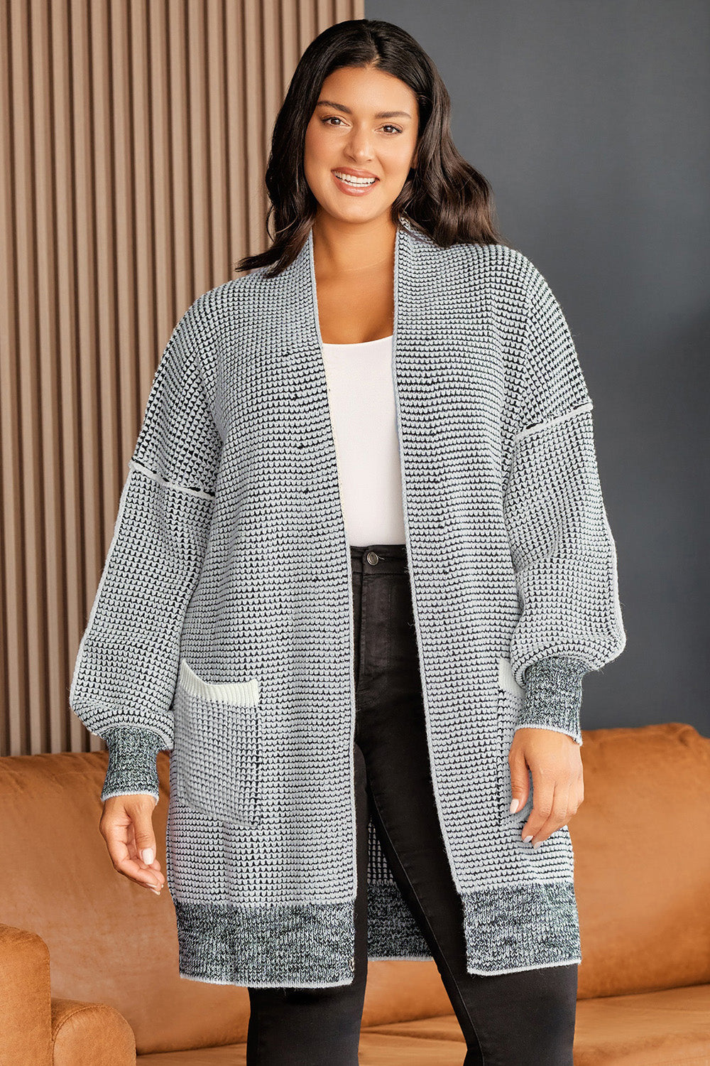 SYNZ Women's Plus Size Open Front Longline Winter Cardigan with Pockets