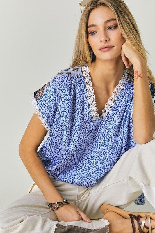 DAVI & DANI Printed Lace V-Neck Short Sleeve Loose Top