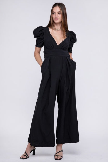 NUVI APPAREL Black V Neck Puff Sleeves Jumpsuit