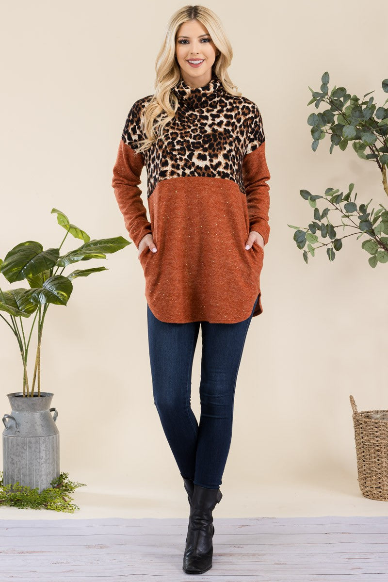 CELESTE Full Size Curved Hem Autunm Leopard Turtleneck Long Sleeve Top in Rust