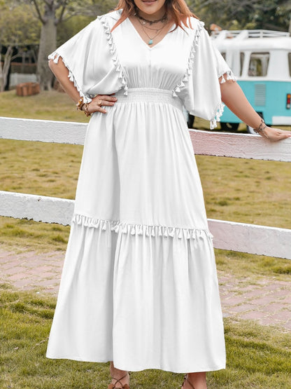 H.R.Z. Women's Plus Size White Maxi Boho Tassel Dress with Smocked V-Neck & Half Sleeve