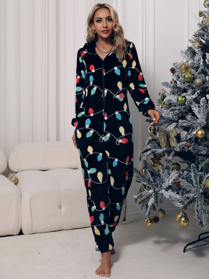 Zip Front Hooded Christmas Lounge Jumpsuit with Pockets