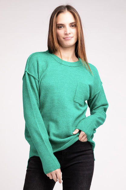 ZENANA Melange Hi-Low hem Round Neck Sweater