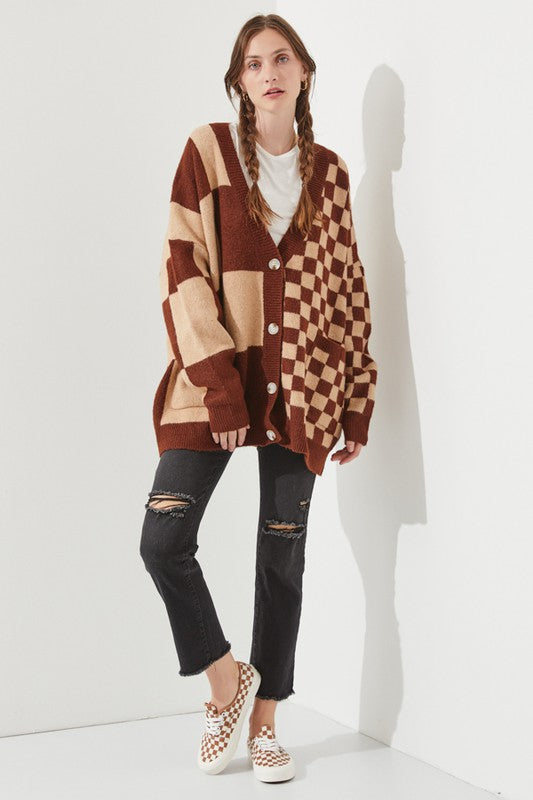 JADE by JANE Mocha/Beige Checkered Oversized Sweater