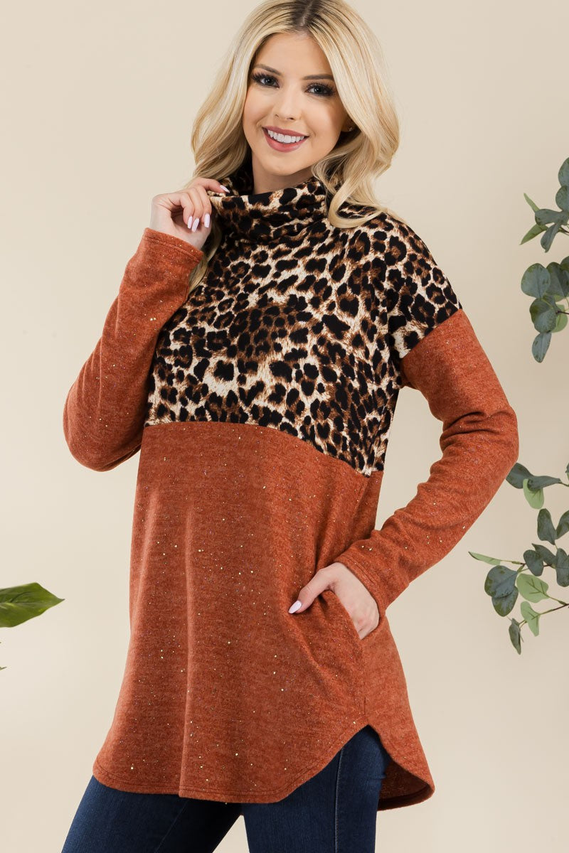 CELESTE Full Size Curved Hem Autunm Leopard Turtleneck Long Sleeve Top in Rust