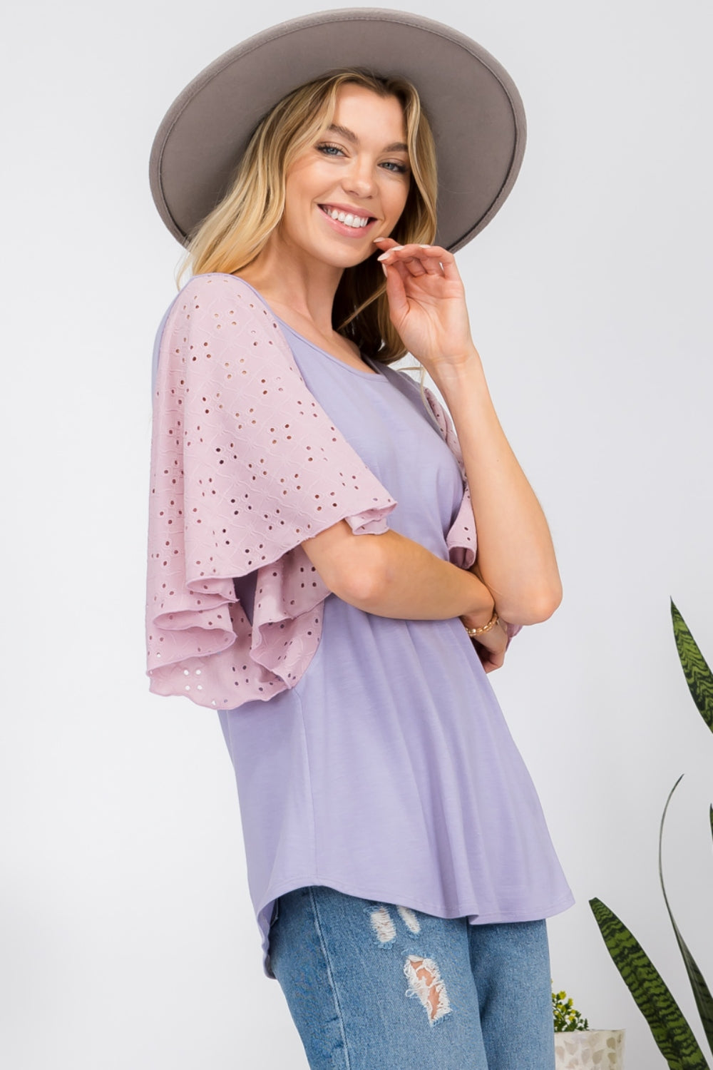 CELESTE Full Size Contrast Eyelet Ruffle Sleeve Blouse