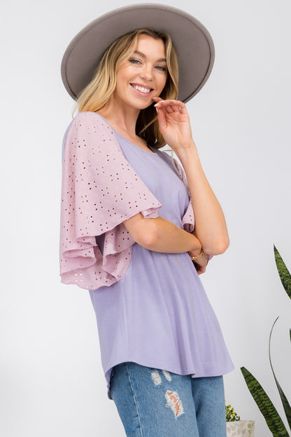 CELESTE Full Size Contrast Eyelet Ruffle Sleeve Blouse