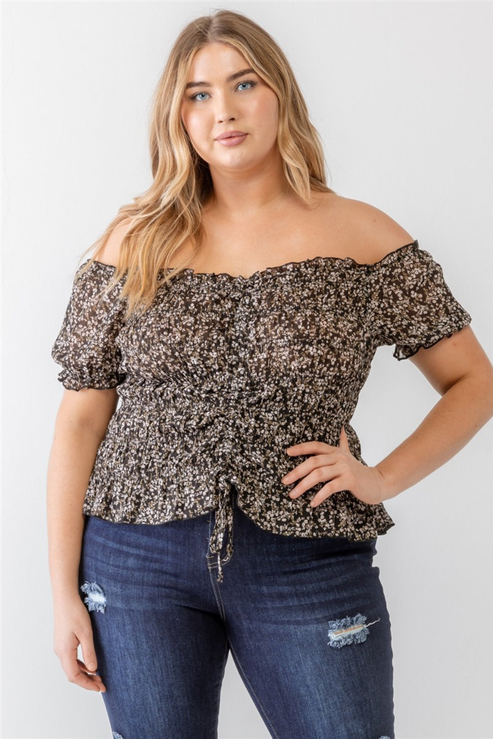 ZENOBIA Plus Size Frill Ruched Off-Shoulder Short Sleeve Blouse