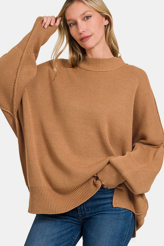 ZENANA Camel Side Sit Oversize Pullover Sweater