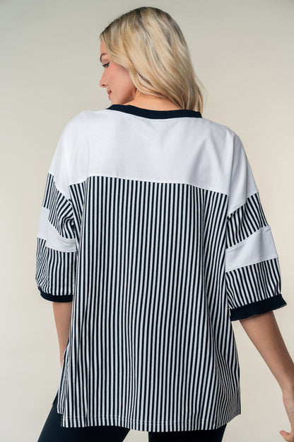 WHITE BIRCH Full Size Striped Contrast Round Neck Top