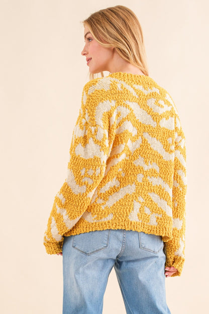 AND THE WHY Full Size Mustard Textured Pattern Contrast Sweater