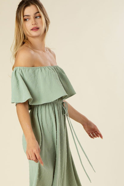 LILOU Sage Swiss dot Off-shoulder Dress