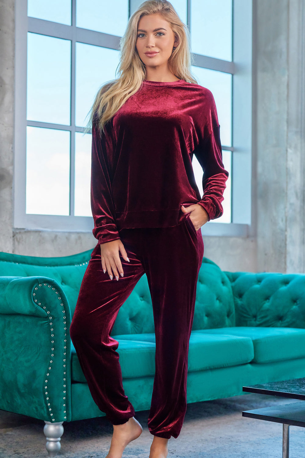 SYNZ Red Velvet Long Sleeve Top and Pants Lounge Set