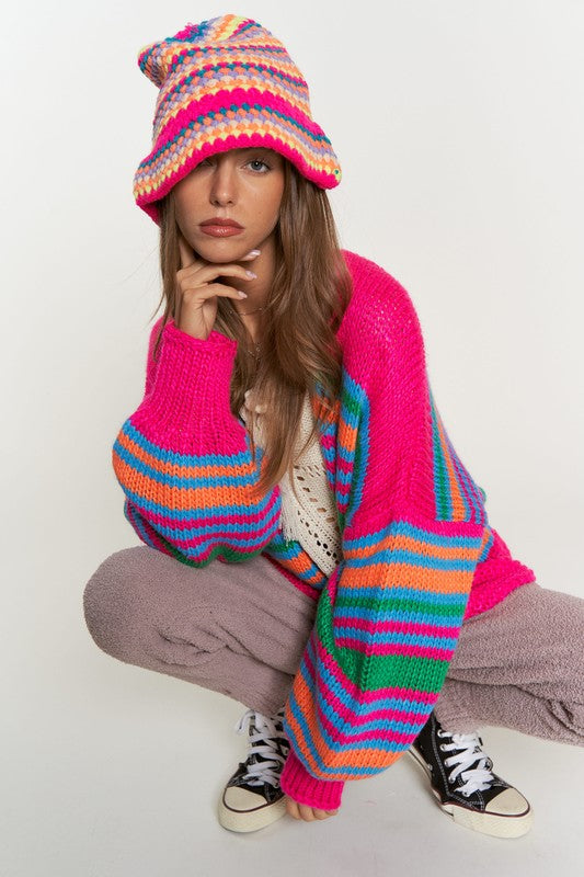 DAVI & DANI Chunky Knit Multi-Striped Open Sweater Cardigan