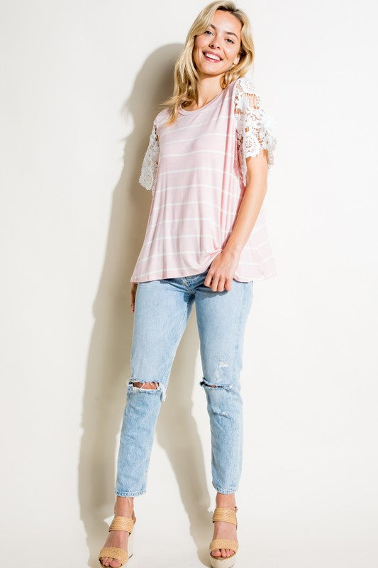 E LUNA Striped Jersey with White Laced Sleeve Top