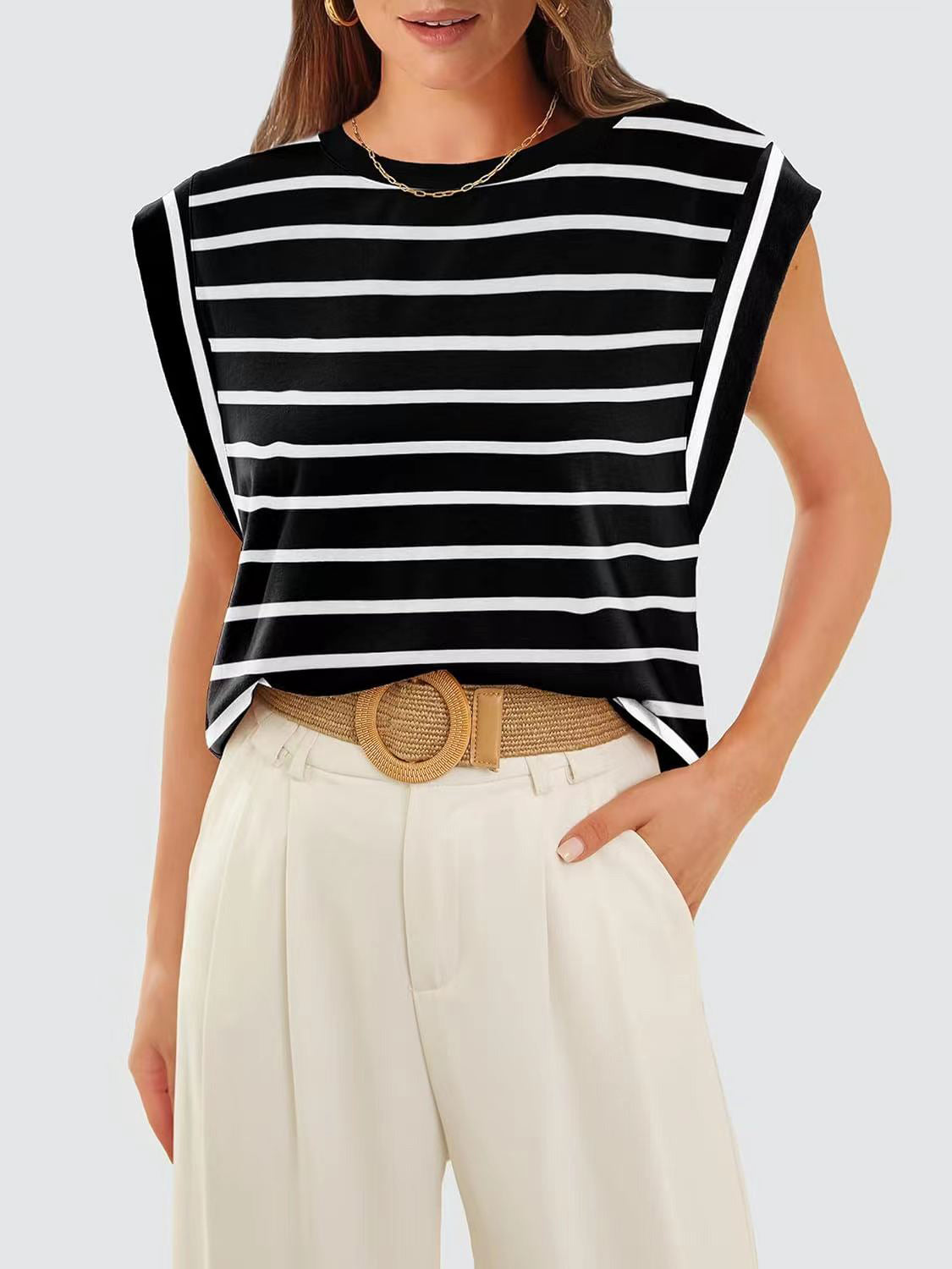 Striped Round Neck Cap Sleeve Sweater Top