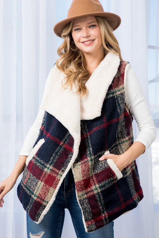 E LUNA Warm Sherpa Fur Plaid Vest