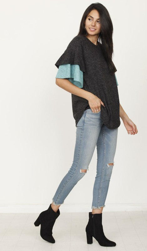 EG FASHION Color Block Sleeve Ruffle Knit Top