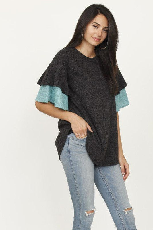 EG FASHION Color Block Sleeve Ruffle Knit Top