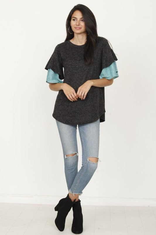 EG FASHION Color Block Sleeve Ruffle Knit Top