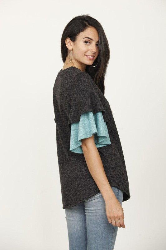 EG FASHION Color Block Sleeve Ruffle Knit Top