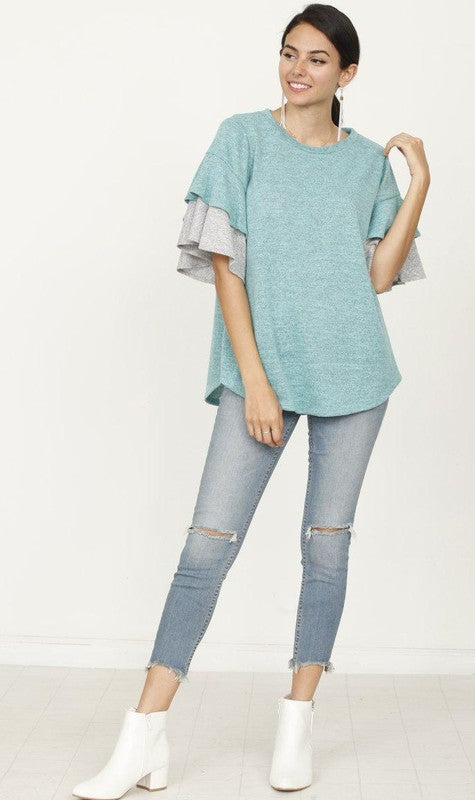 EG FASHION Color Block Sleeve Ruffle Knit Top