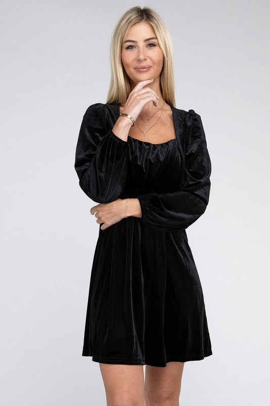 NUVI APPAREL Black Square Collar High Waist Mini Velvet Dress