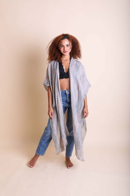 LETO Woven Long Line Tribal Kimono