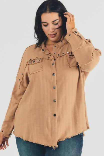 DAVI & DANI PLUS Distressed hem button down oversize shirt