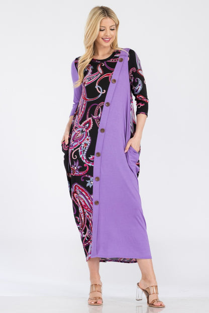 CELESTE Full Size Lilac Paisley Contrast Midi Dress with Pockets