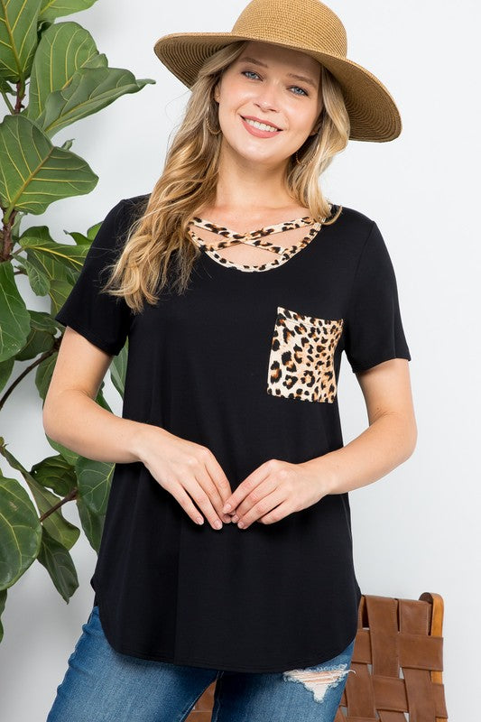 E LUNA Solid Color & Animal Print Decor Basic Top