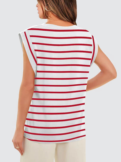 Striped Round Neck Cap Sleeve Sweater Top