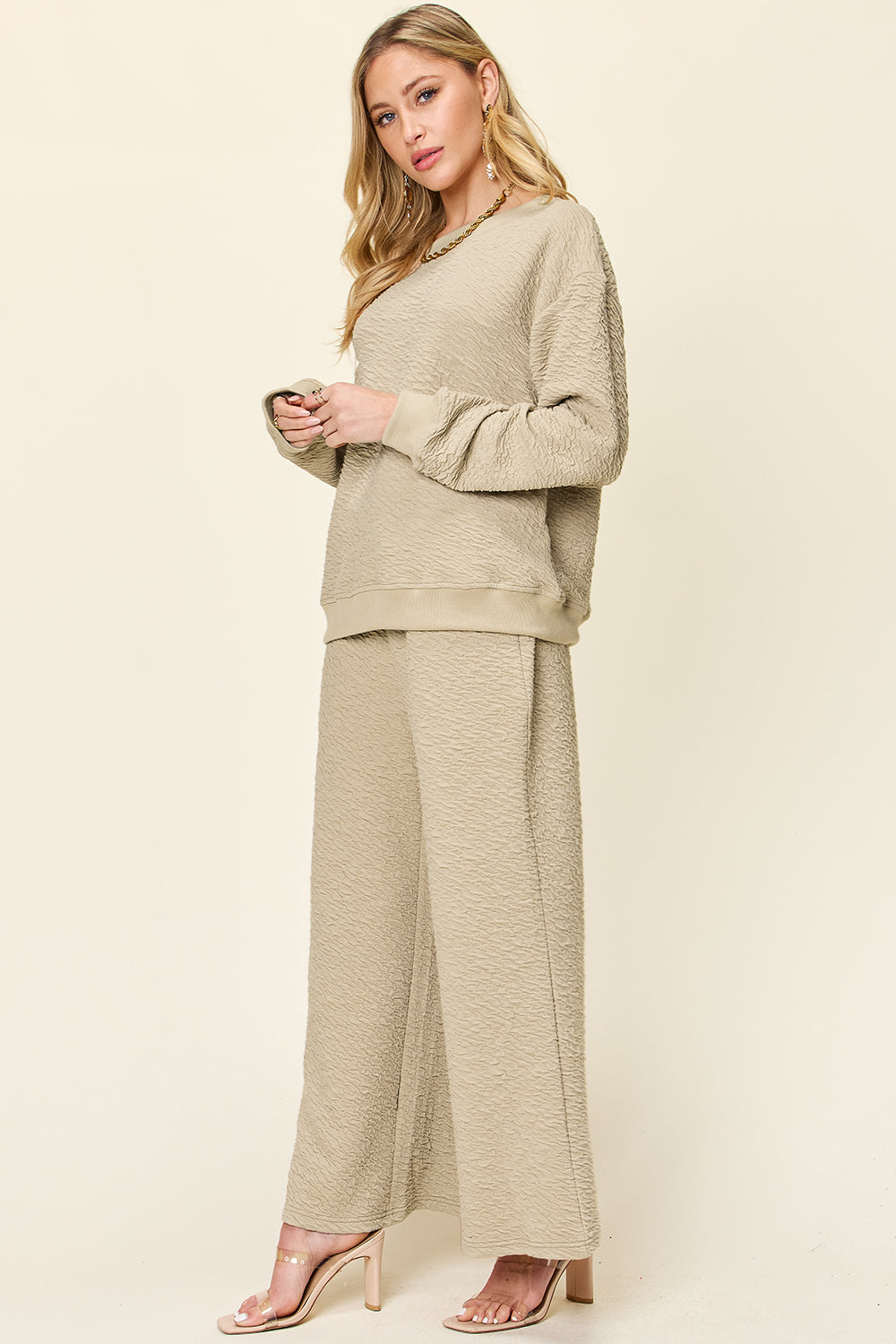 DOUBLE TAKE Full Size Texture Long Sleeve Top and Pants Lounge Set