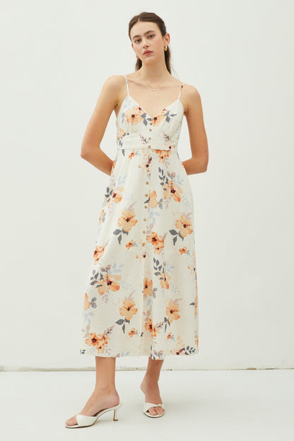 BE COOL Peach Hibiscus Floral Button Down Cami Midi Dress