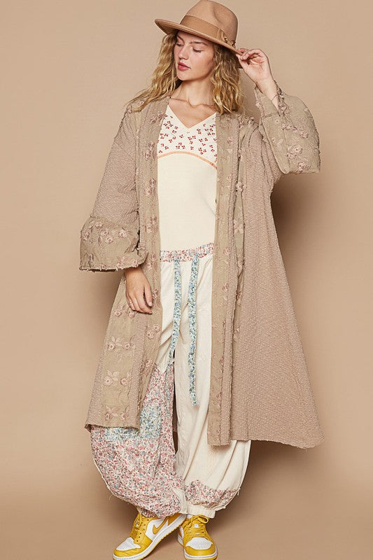 POL Women's Khaki Flower Lace Trim Open Front Boho Longline Cardigan